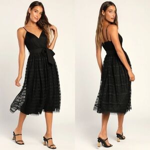 Lulus Step Into the Spotlight Black Mesh Lace Midi Dress Black